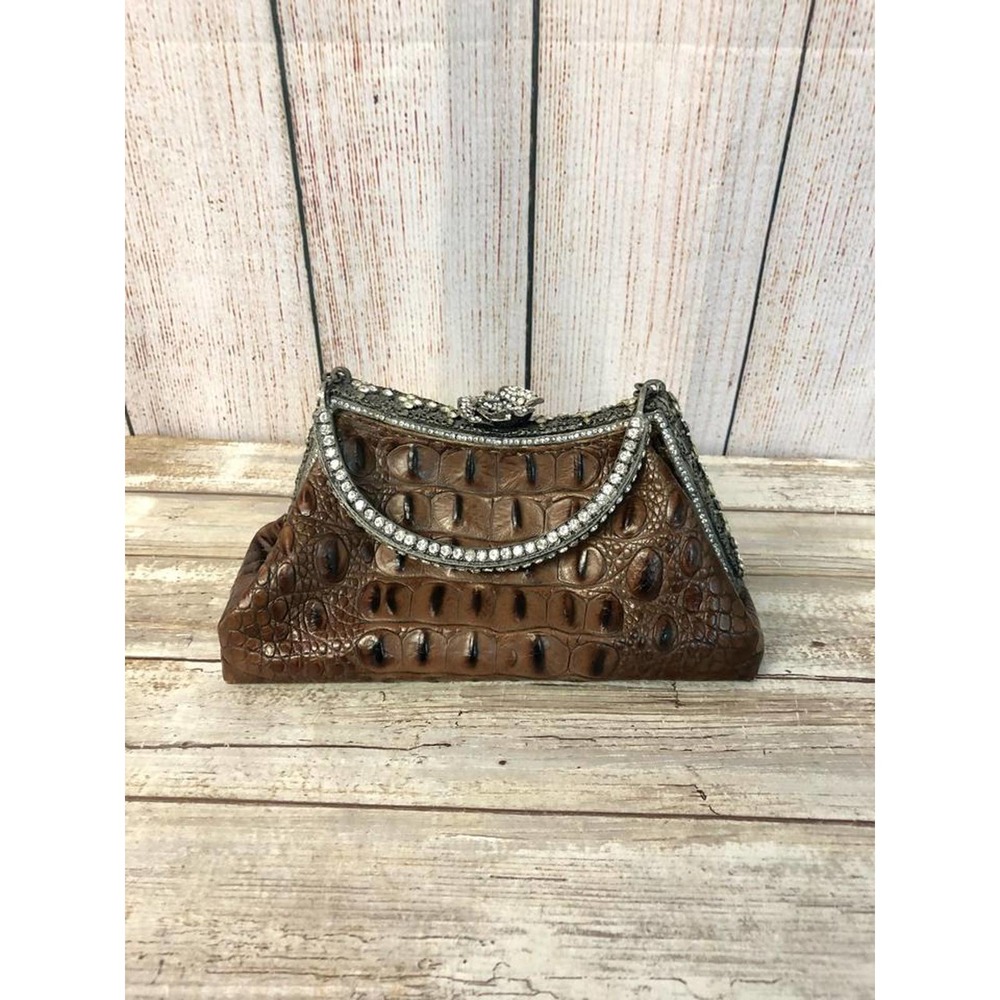 Besso Brown Croc Leather Handbag Evening Purse - Picture 7 of 12